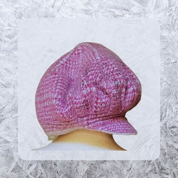 Raspberry & Grey Knit Herringbone Baker Boy Hat accent on side sparkles in Front - Picture 4 of 11